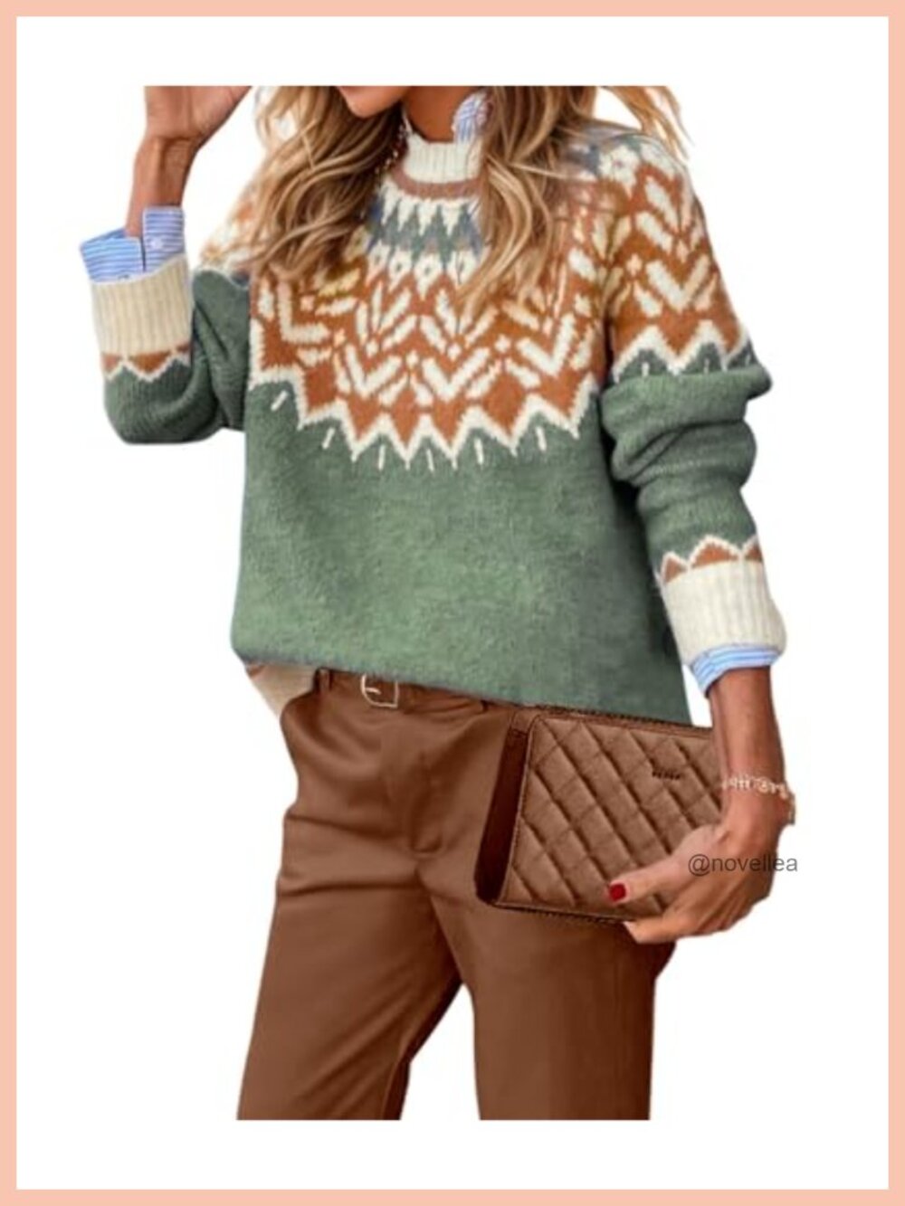 Womens Fair Isle Sweater Vintage Knit Long Sleeve Mock Neck Pullover